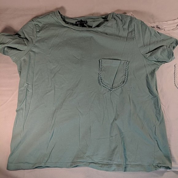 2 Zara T-Shirts Tops White Teal Blue Mint Green Pocket Detail Women's M Medium - Picture 2 of 16